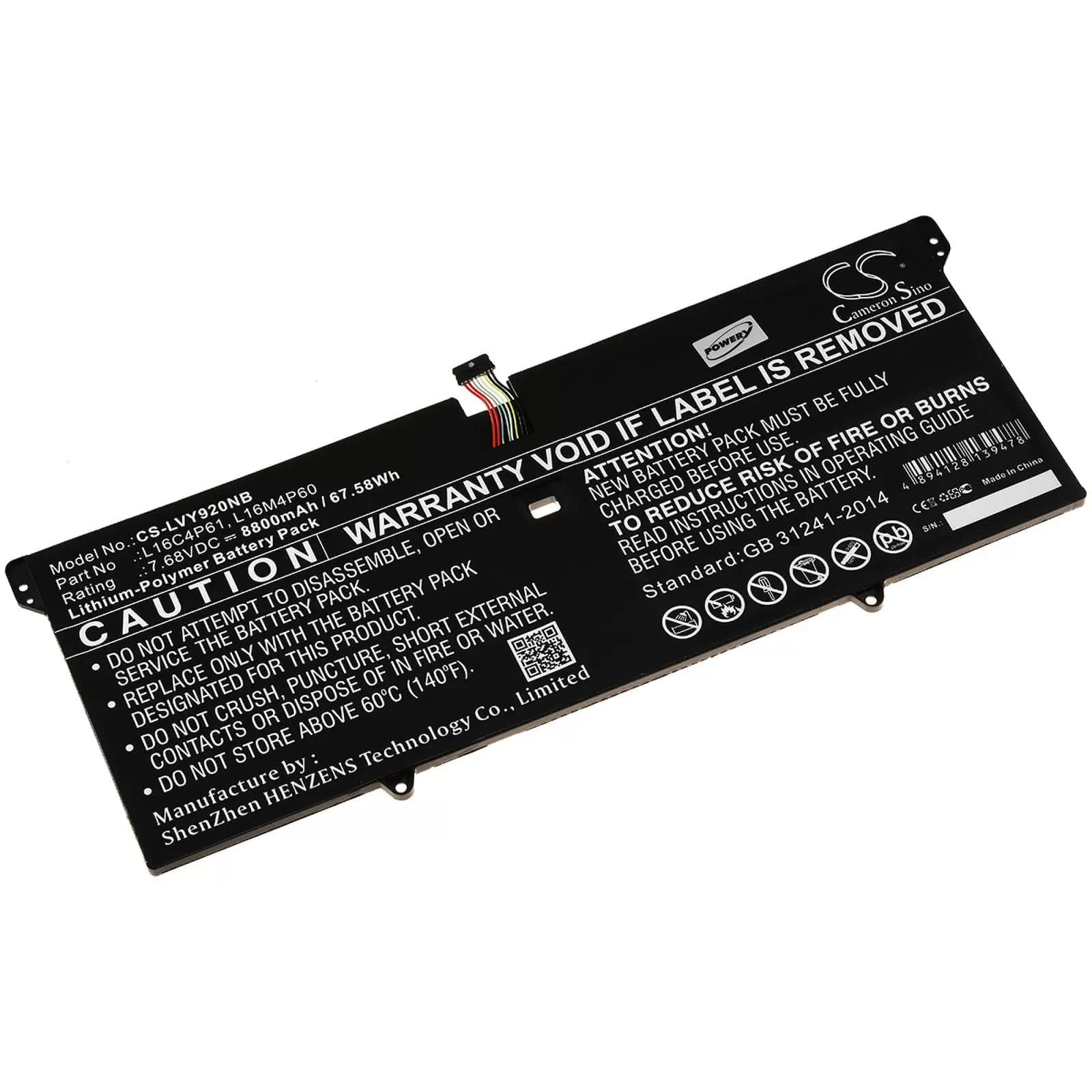 Batterie pour ordinateur portable Lenovo Yoga 920 / Yoga 920-13IKB / Type L16M4P60 - 7,68V - 9110 mAh